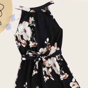 SHEIN Floral Self-Tie Belted Halter Romper